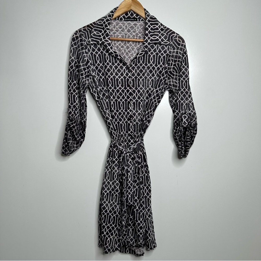 David Cline Geo Print Button Front Tie Belt Dress… - image 1